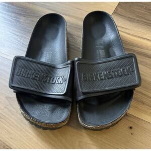 Birkenstock rare unisex logo Black Tan Cork Sandals